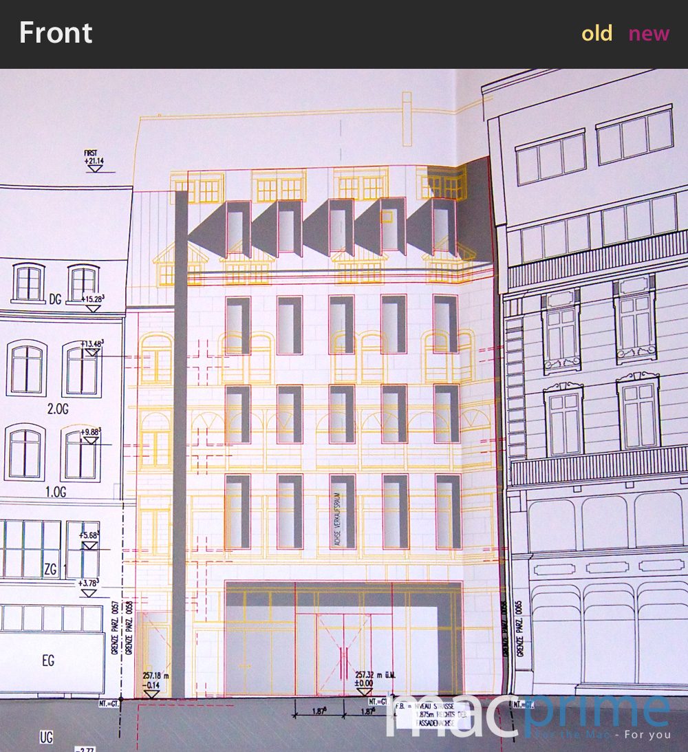 Die Strassenfassade des Neubaus (pink) des Geschäftsgebäudes an der Freie Strasse 47 in Basel. Gelb aufgezeichnet das derzeitige Haus, welches abgerissen werden soll.