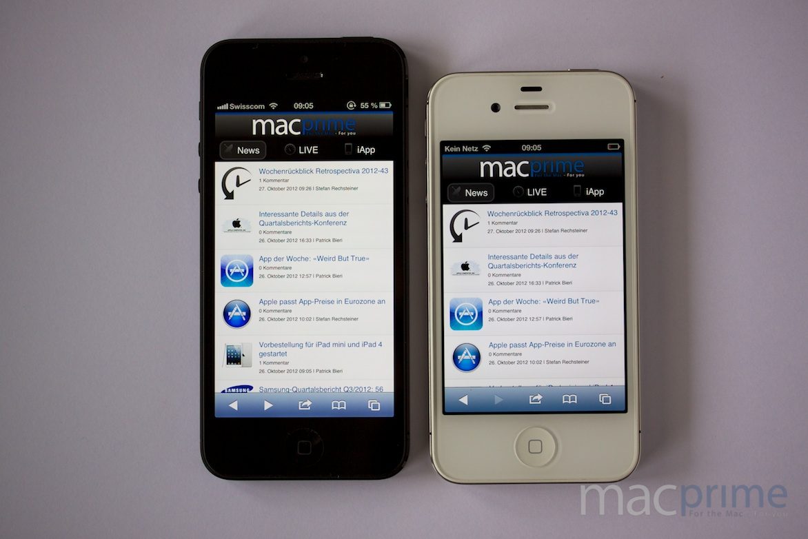 iPhone 5 links, iPhone 4S rechts — Die beiden iPhone-Generationen im Vergleich