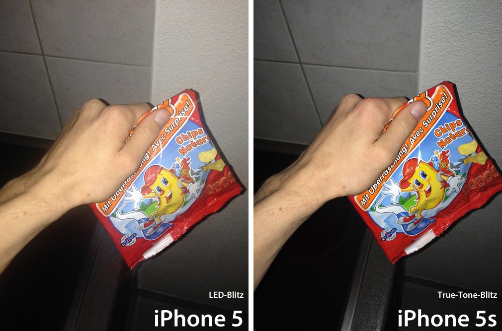 Links LED-Blitz-Aufnahme des iPhone 5, Rechts eine Aufnahme mit dem True-Tone-Blitz des iPhone 5s
