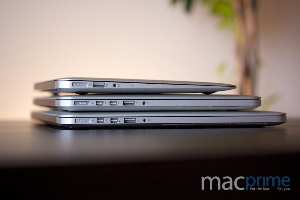 Grössenvergleich 11-Zoll MacBook Air (oben), 13-Zoll Retina-MBP (mitte) und 15-Zoll Retina-MBP (unten)