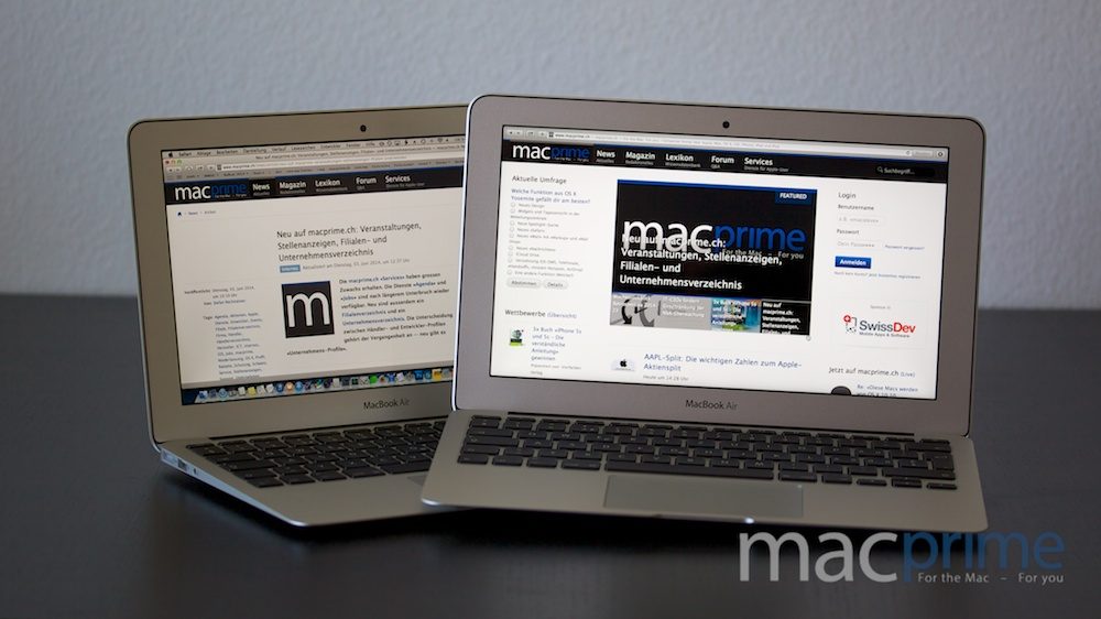 Gleiches Display — gleicher Alu-Rahmen: MacBook Air Mid 2013 (links) und MacBook Air Mid 2014 (rechts)
