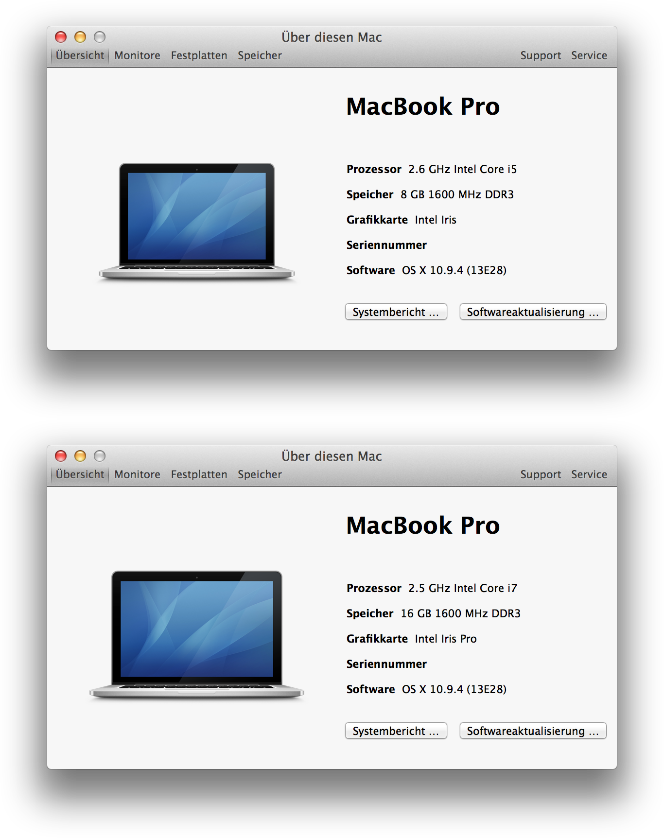 Unsere beiden MacBook-Pro-Testgeräte: Mittleres 13-Zoll- und stärkeres 15-Zoll-Modell.