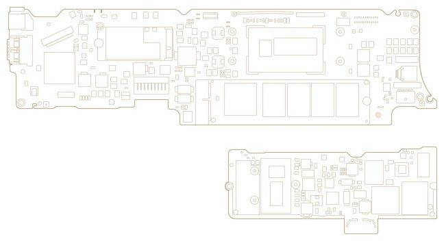 Die Hauptplatine des 11-Zoll MacBook Air im Vergleich zur neuen Platine des neuen MacBook